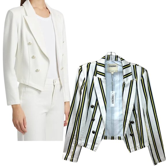 L’Agence - NWT, Women’s ‘Wayne’ Crop Double Breast Stripe Jacket - White, Small - Picture 1 of 14